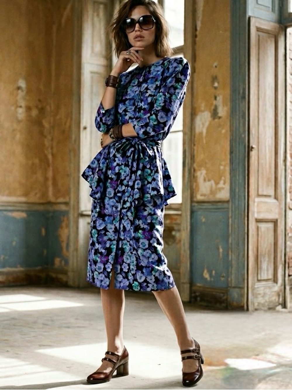 1980s WD2 diamond Retro Floral Dress Puff Sleeve Peplum Waist Bold VTG size 8